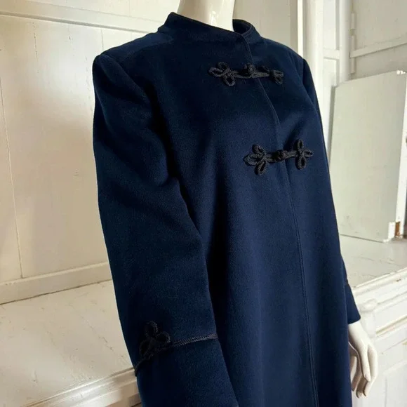 vintage: 60s 70s Navy Blue Wool Coat w Rope Closures - Picture 2 of 7